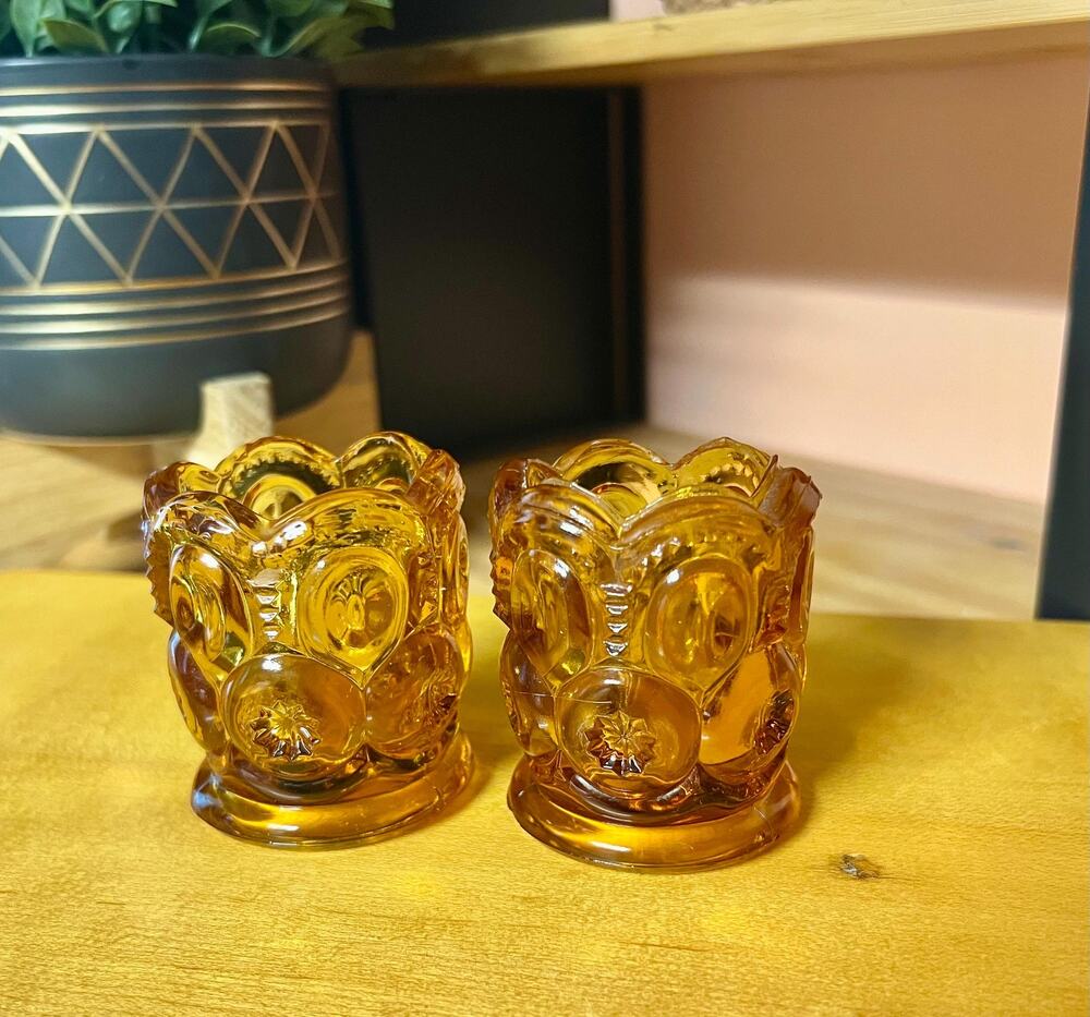 Vintage L.E. Smith Amber Moon & Stars Glass votive 
MINT with Original Sticker!